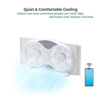 Comfort Zone 9-Inch Smart WiFi Twin Window Fan – 3-Speed Dual Blade Fan with App & Voice Control, Reversible Exhaust, Cooling & Circulate Modes, Expandable 23.5" to 37", Bug Screen - color: White, size: 9 inch (3-Speed w/WiFi)