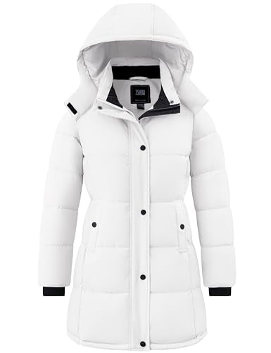 ZSHOW Women's Long Quilted Winter Coat Waterproof Warm Puffer Jacket Parka with Detachable Hood - color: White, size: Small