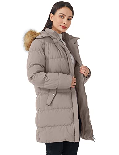 WenVen Women's Winter Thicken Puffer Coat Warm Jacket with Faux Fur Removable Hood - color: Khaki, size: Large