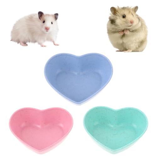 3 Pack Hamster Food Bowl Rabbit Guinea Pig Food Dish Cute Heart Shape Water Dish for Hamster Hedgehog Gerbil Small Animals Rat Rodent (Green, Blue and Pink)