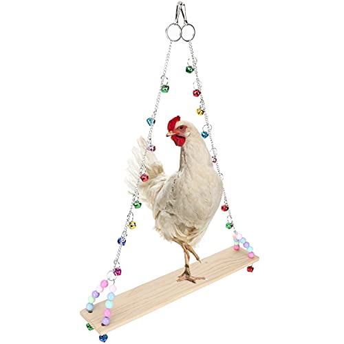 Chicken Swing, Pet Chicken Swing Toys with Wooden Chicken Wooden Standing Swing Toys Hanging Perch with Bells for Medium Large Parrots HenToys