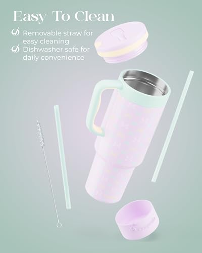 40 oz Insulated Tumbler with Handle and Push-Button Straw Lid, Stainless Steel Travel Cup for Gym Office, Leakproof, BPA-Free, Cup Holder Friendly, Bow Silicone Boot, Purple (Bow Lilac) - color: Bow Lilac