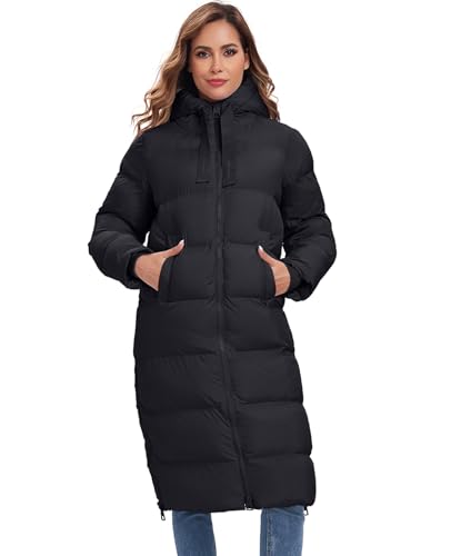 HOTIAN Womens Winter Maxi Long Puffer Coat Thicken Hooded Down Quilted Padded Jacket Winter Warm Outerwear - color: Black, size: Small