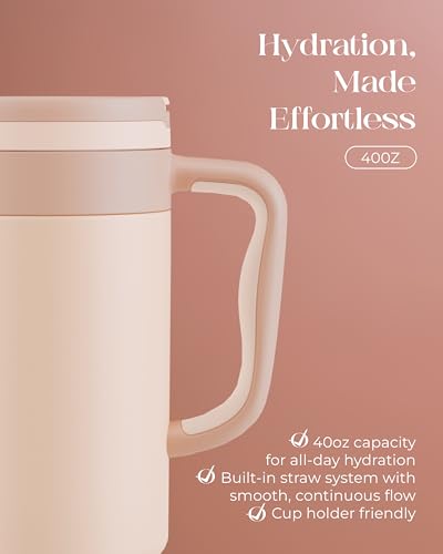 40 oz Insulated Tumbler with Handle and Push-Button Straw Lid, Stainless Steel Travel Cup for Gym Office, Leakproof, BPA-Free, Cup Holder Friendly, Bow Silicone Boot, Beige (Cream Latte) - color: Cream Latte