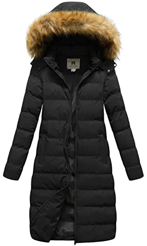 CREATMO US Women's Long Winter Faux Fur Coat Puffer Warm Jacket with Detachable Hood - color: Black, size: X-Small
