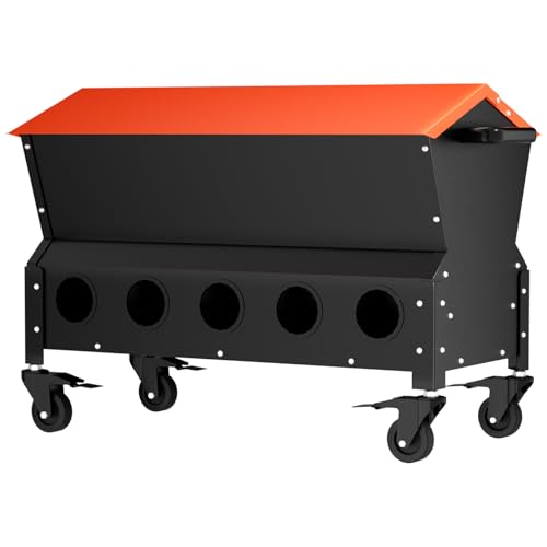 Heavy Duty Chicken Feeder 120 lbs Large Capacity, Metal Automatic Poultry Feeding Box with Waterproof Lid, Raised Standing Feeder with Wheels for Hens & Roosters, Portable & Easy to Move - color: Orange