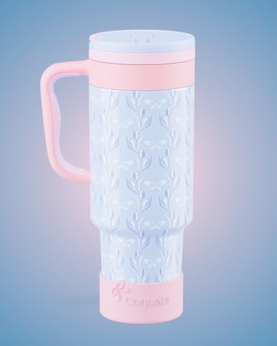 40 oz Insulated Tumbler with Handle and Push-Button Straw Lid, Stainless Steel Travel Cup for Gym Office, Leakproof, BPA-Free, Cup Holder Friendly, Bow Silicone Boot, Blue (Tulip Blue) - color: Tulip Blue