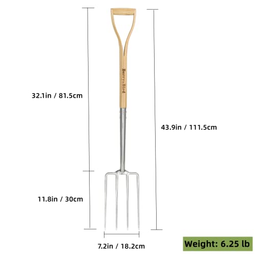 Berry&Bird Gardening Digging Fork, 4-Tine Stainless Steel Pitchfork, 43.9" Heavy Duty Spading Fork with D-Grip Handle and Ergonomic Ash Wood Handle for Digging, Planting, Cultivating, Aerating - size: 44in