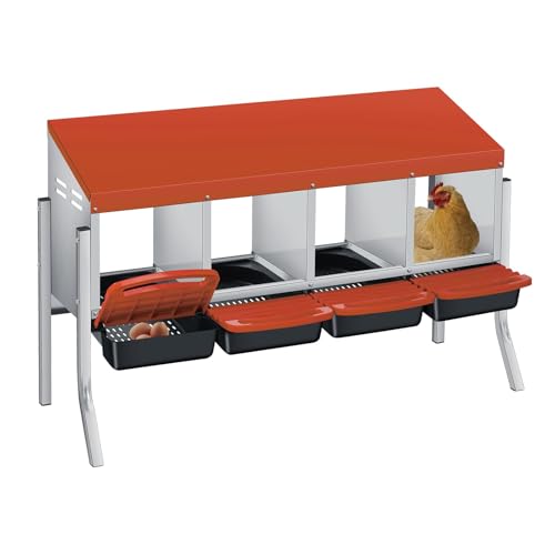 3/4-Hole Metal Chicken Nesting Box with Removable Roll-Out Tray - Easy Egg Collection & Clean Galvanized Steel Laying Box for Hens - for Backyard Coop & Poultry Farm Use - color: orange, size: orange 4 holes with legs