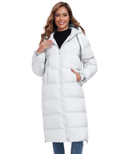 HOTIAN Womens Winter Maxi Long Puffer Coat Thicken Hooded Down Quilted Padded Jacket Winter Warm Outerwear - color: White, size: Medium