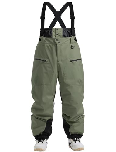 GSOU SNOW Men Women Snowboard Pants-Baggy Ski Snow Bibs | 15K Waterproof Overalls,Insulated Windproof Breathable,Detachable Shoulder Straps - color: Army Green, size: Small