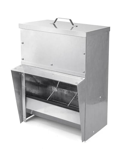 vensovo Galvanized Chicken Feeder - 25Lbs Outdoor Waterproof Metal Feeder with Lid, Coop Food Dispenser No Waste for Chicken, Haning or Stand