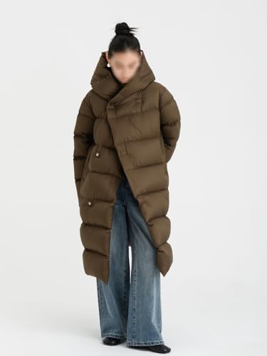 Women's White Duck Down Jacket Long Knee Length Hood Loose Warm and Thick Autumn/Winter Coat with Belt - size: Medium