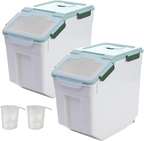AnRui Rice Storage Container 50LB, Airtight Flour Storage Containers, Plastic Cereal Grain Dispenser Organizer Pet Food Storage Bin with Lid, Measuring Cup, Scoop, Green, 2Pcs(Total Capacity:100LBS) - color: 2Pcs,Green,45LB