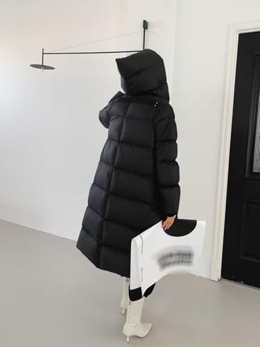 Women's Down Jacket Long Knee Length Hood Loose Warm and Thick Autumn/Winter Black Coat with Belt - size: Medium