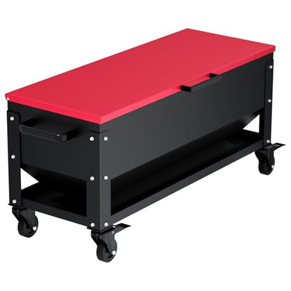 Heavy Duty Chicken Feeder 120 lbs Large Capacity, Metal Automatic Poultry Feeding Box with Waterproof Lid, Raised Standing Feeder with Wheels for Hens & Roosters, Portable & Easy to Move - color: Red