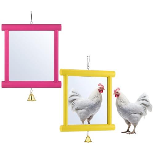 Sadnyy 2 Pcs Chicken Mirror Toys Extra Large 10.6 x 10 Inch Big Hanging Swing Double Side Mirror with Bell Wooden Pecking Toy for Hens Birds Parrots Coop Roosters (Square, Yellow & Rose Red) - color: Yellow & Rose Red, size: Square