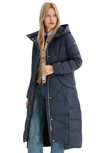 Orolay Women's Long Maxi Down Coat with Hood - 700 Fill Power RDS Certified Winter Puffer Jacket - color: Navy, size: X-Large