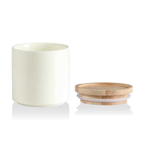Sweejar Kitchen Canisters Ceramic Food Storage Jar, Stackable Containers with Airtight Seal Wooden Lid for Serving Ground Coffee, Tea, Sugar, Salt and More - 16 Fl Oz (Beige) - color: Beige, style: 16 Fl Oz (4.1"x4.4")