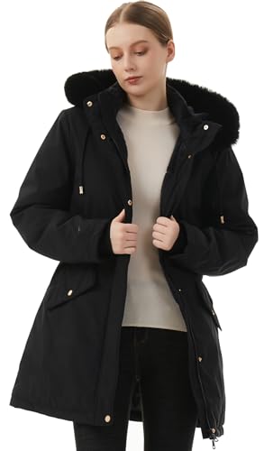 MOERDENG Women's Long Winter Down Coat Thicken Fleece Lined Parka Warm Puffer Jacket With Faux Fur Detachable Hood - color: Black, size: Small