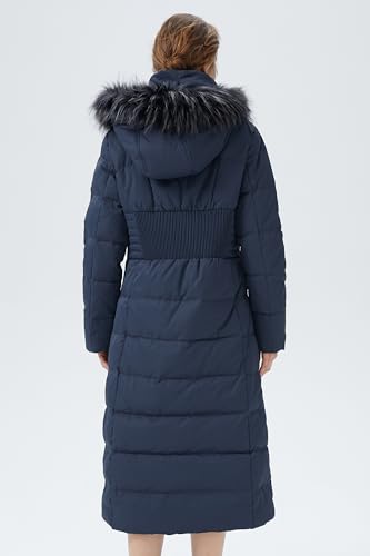 Orolay Women Warm Down Jacket with Hood Fur Long Puffer Coat - color: Navy, size: X-Large