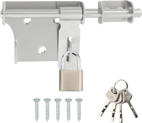 Alise 6 Inch Slide Bolt Gate Latch, Door Lock with Padlock Set, Heavy Duty Stainless Steel Barrel Bolts Safety Door Lock for Wooden Fence, Outdoor Fence,Shed Door Brushed Finish - color: Brushed Finish, size: 6 Inch- 201Padlock Set