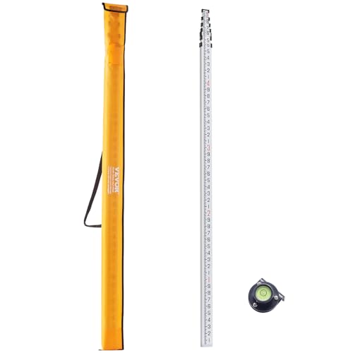 VEVOR Aluminum Grade Rod, 25-Feet/10ths 6 Sections Telescopic Measuring Rod,Double-Sided Scale 1/10ft Leveling Rod Stick,Aluminum Alloy Survey Rod w/Bubble Level &Carrying Bag for Houses,Walls,Floors - size: 25 FT-10ths