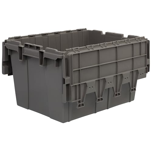 Buckhorn Industrial Lidded Plastic Storage Container, Nesting and Stackable Plastic Storage Box with Lid Attached, Organization Tote for Garage and Warehouse, 12 Gallon Capacity, 21"x15"x12", Gray