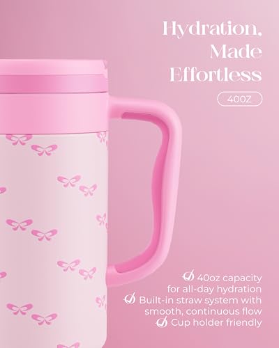 40 oz Insulated Tumbler with Handle and Push-Button Straw Lid, Stainless Steel Travel Cup for Gym Office Leakproof, BPA-Free, Cup Holder Friendly, Bow Silicone Boot, Pink (Coquette Bubblegum) - color: Coquette Bubblegum