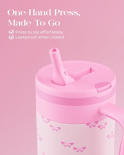 40 oz Insulated Tumbler with Handle and Push-Button Straw Lid, Stainless Steel Travel Cup for Gym Office Leakproof, BPA-Free, Cup Holder Friendly, Bow Silicone Boot, Pink (Coquette Bubblegum) - color: Coquette Bubblegum
