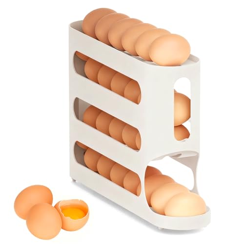 Egg Holder For Fridge - 4 Tier Sliding Refrigerator Egg Organizer, Automatic Rolling Dispenser, Space-Saving Side Door Storage Rack, Generous Design Accommodates Up To 30 Eggs, Pure - color: white