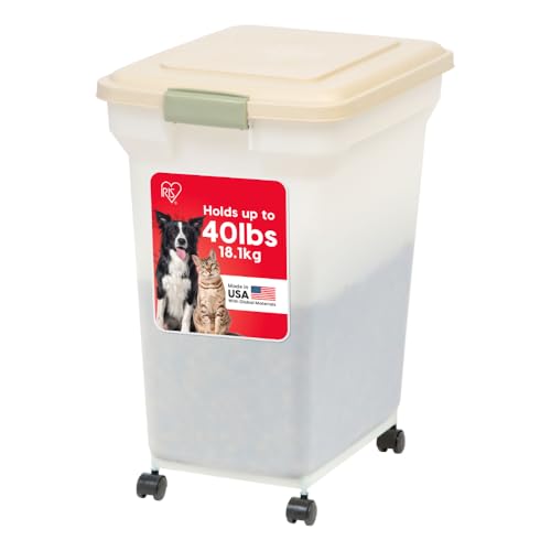 IRIS USA Airtight Dog Food Storage Container, WeatherPro, Up to 40 lbs, Removable Wheels, for Dog Cat Bird and Other Pet Food Storage Bin, Keep Fresh, Translucent Body, Made in USA, Almond/Pearl - color: Almond/Pearl, size: 40 lbs
