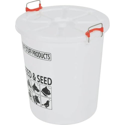 Tuff Stuff Products FS17 17 Gallon Seed and Animal Feed Heavy Duty Plastic Drum Bucket with Lock Lid for Dogs, Cats, Chickens, Cows, and Horses, White