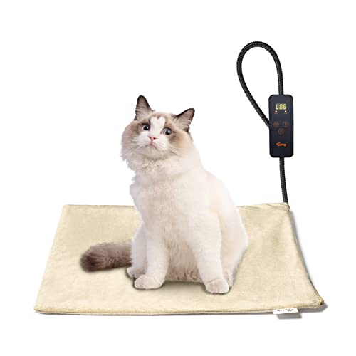Toozey Pet Heating Pad, 6 Adjustable Temperature Heated Cat Bed with Timer, Waterproof Electric Heated Mat for Dogs and Cats, Chew Resistant Cord, Safe Indoor Use, 18x16in - color: Beige, size: 18.0"L x 16.0"W x 0.6"Th