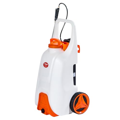 VEVOR 13.1 Gallon Battery Powered Sprayer with Wheels, Adjustable 0-80 PSI, 5 Nozzles and 98ft Hose Included, Orange - size: 13.1 Gal
