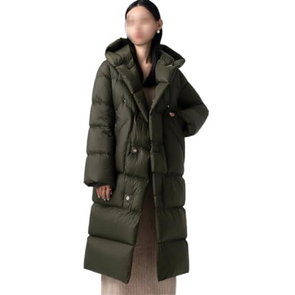 Women's Down Jacket Long Knee Length Hood Loose Warm and Thick Autumn/Winter Green Coat with Belt - size: Large