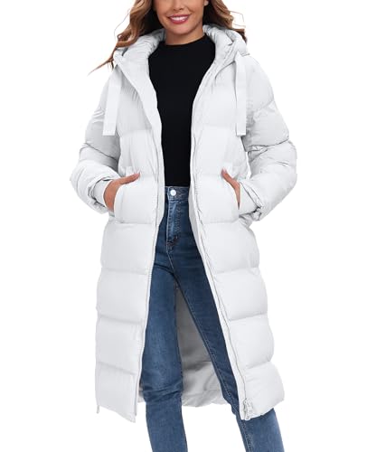 HOTIAN Womens Winter Maxi Long Puffer Coat Thicken Hooded Down Quilted Padded Jacket Winter Warm Outerwear - color: White, size: Medium