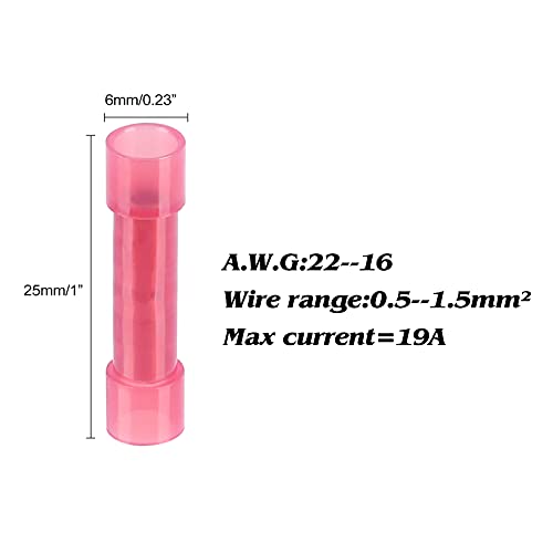 100pcs PA66 Nylon 22-16 Wire Connectors Electrical Crimp Butt Connector Fully Insulated Splice Wire Terminals Red - size: Red 100PCS