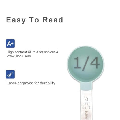 Easy to Read Measuring Cups & Spoons Set for Visually Impaired, Stackable,Large Print Measure Cups Set, Nesting Measure Cups with Stainless Steel Handle - color: Blue