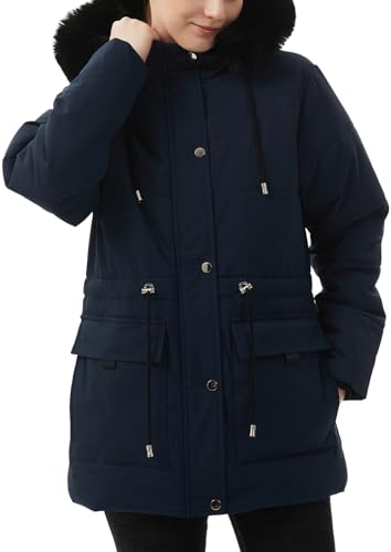 MOERDENG Women's Warm Winter Puffer Coat Thicken Fleece Lined Down Jacket Faux Fur Detachable Hood Snow Parka - color: Navy, size: Small