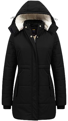 CREATMO US Women's Thicken Sherpa Winter Coat Puffy Warm Snow Jacket With Removable Hood - color: Black, size: Medium