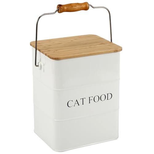 Morezi Cat Food Storage Container Storage bin with Wooden lid Scoop Included White Metal cat Food Container in Kitchen countertop - color: Cat Food Wood Lid white