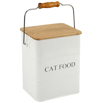 Morezi Cat Food Storage Container Storage bin with Wooden lid Scoop Included White Metal cat Food Container in Kitchen countertop - color: Cat Food Wood Lid white