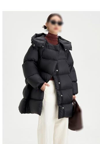 Women's Black Down Jacket Medium Length Loose A-line Detachable Hooded Warm