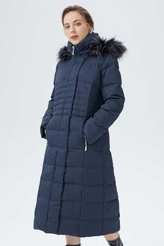 Orolay Women Warm Down Jacket with Hood Fur Long Puffer Coat - color: Navy, size: Medium