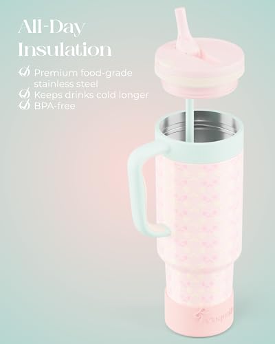 40 oz Insulated Tumbler with Handle and Push-Button Straw Lid, Stainless Steel Travel Cup for Gym Office, Leakproof, BPA-Free, Cup Holder Friendly, Bow Silicone Boot, Pink (Coquette Bloom) - color: Coquette Bloom