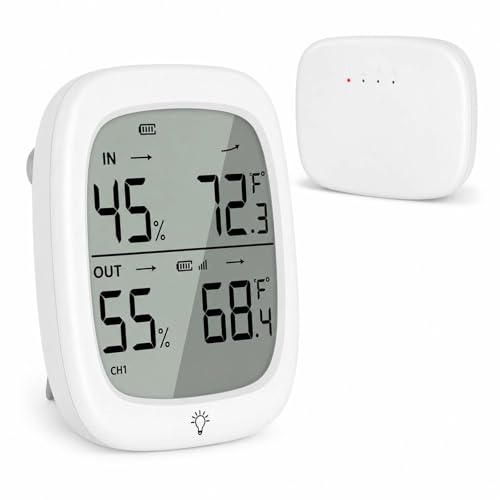 RUIKORING Indoor Outdoor Thermometer Wireless Hygrometer with Remote Sensor, 330ft Range High Accuracy Digital Temperature Humidity Monitor, Large Backlit Display for Home Greenhouse Baby Room Patio
