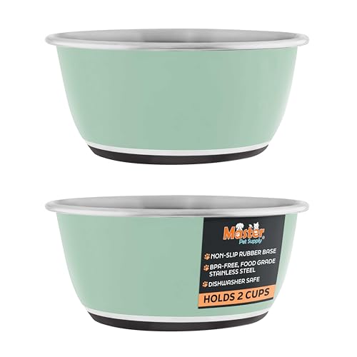 Master Pet Supply Stainless Steel Dog Bowls Set of 2 (16 Oz Each) with Non-Slip Rubber Base - Pistachio - Basic Dog Food Bowl Water & Food Bowls for Small Medium Large Dogs & Cats, Metal Dish - color: Pistachio, size: 2 Cups (16 oz) 2 Pack