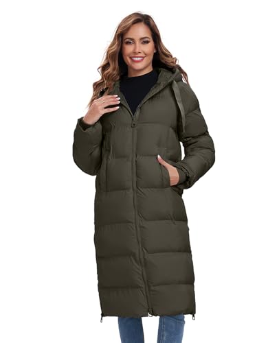 HOTIAN Womens Winter Maxi Long Puffer Coat Thicken Hooded Down Quilted Padded Jacket Winter Warm Outerwear - color: Army Green, size: Medium