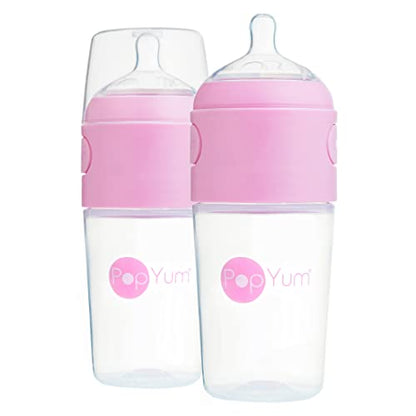 PopYum 9 oz Pink Anti-Colic Formula Making Baby Bottles, 2-Pack | #2 Medium Flow Nipples, 260 ml, BPA-Free, Natural Latch, Mixing Dispenser - color: Pink, size: 9 Ounce (Pack of 2)